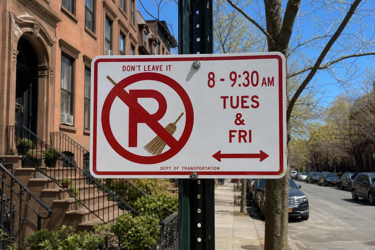 NYC brownstone street at sunrise with an alternate-side No Parking sign
